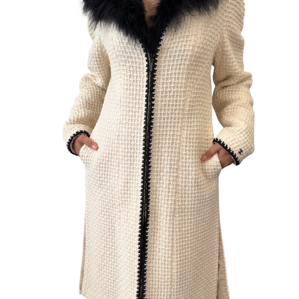 CHANEL Vintage 00A CC Logo Tweed Long Coat Fur Jacket #38 Zip Cream [106375]
